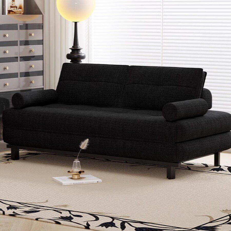黑色棉麻布艺单人双人网红书房小户型客厅可折叠沙发床一体两用款