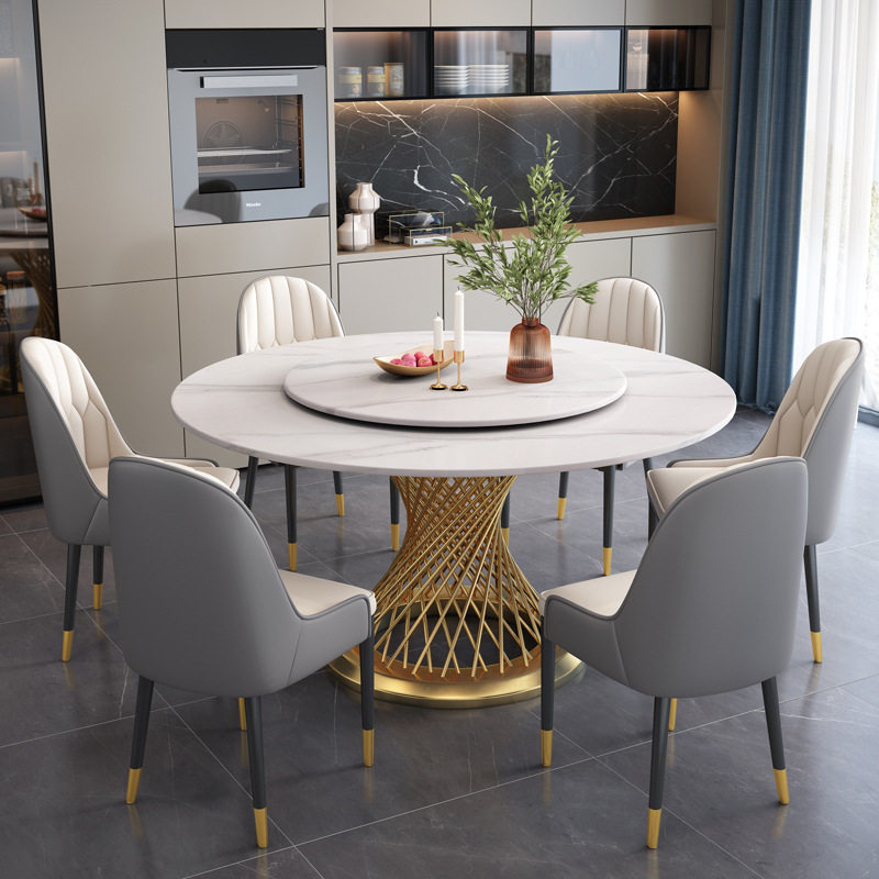 岩板餐桌椅组合圆桌带转盘简约家用小户型现代简约轻奢圆形吃饭桌