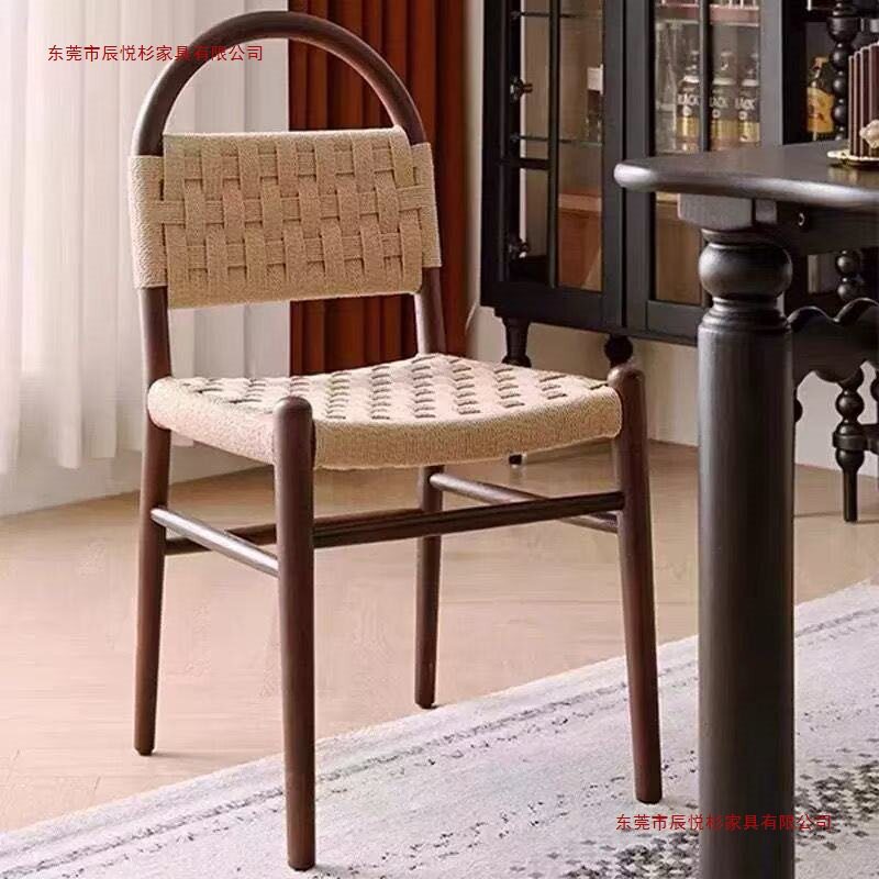 法式中古薇薇安餐椅绳编家用实木椅复古客厅家用编织靠背休闲椅子