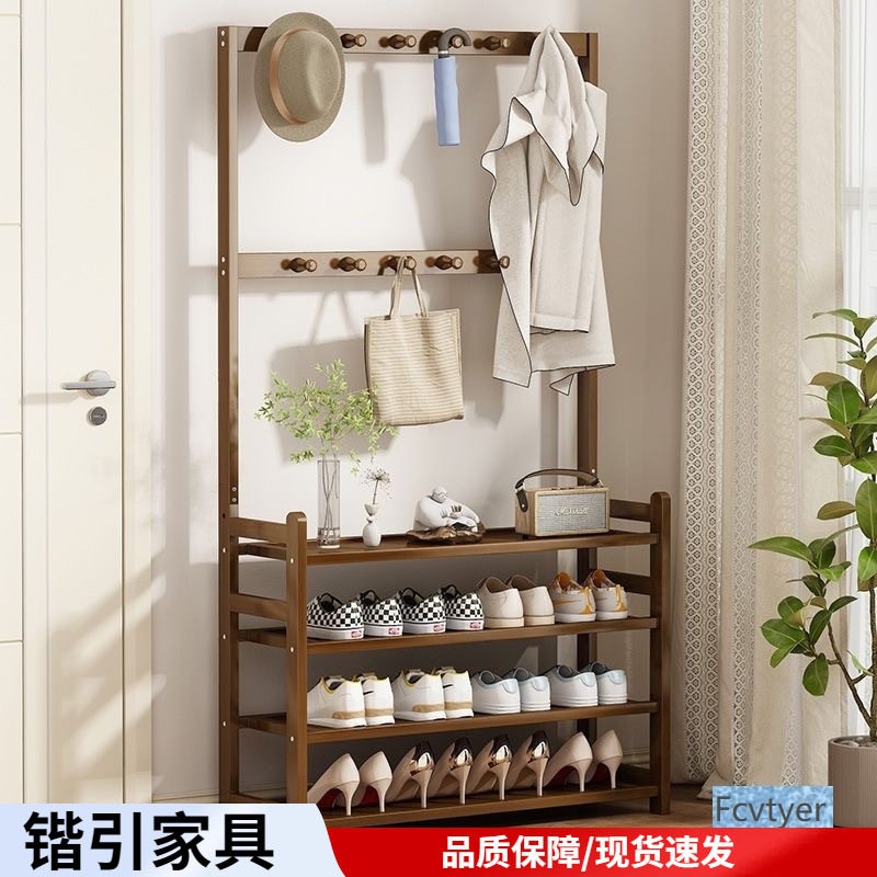 锴引宿舍家用一体实木置物鞋柜多层架子加粗防尘简易门口衣帽架架