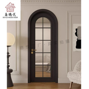 工厂复古法式 风黑色房间门圆弧拱形实木卧室门格条玻璃室内门