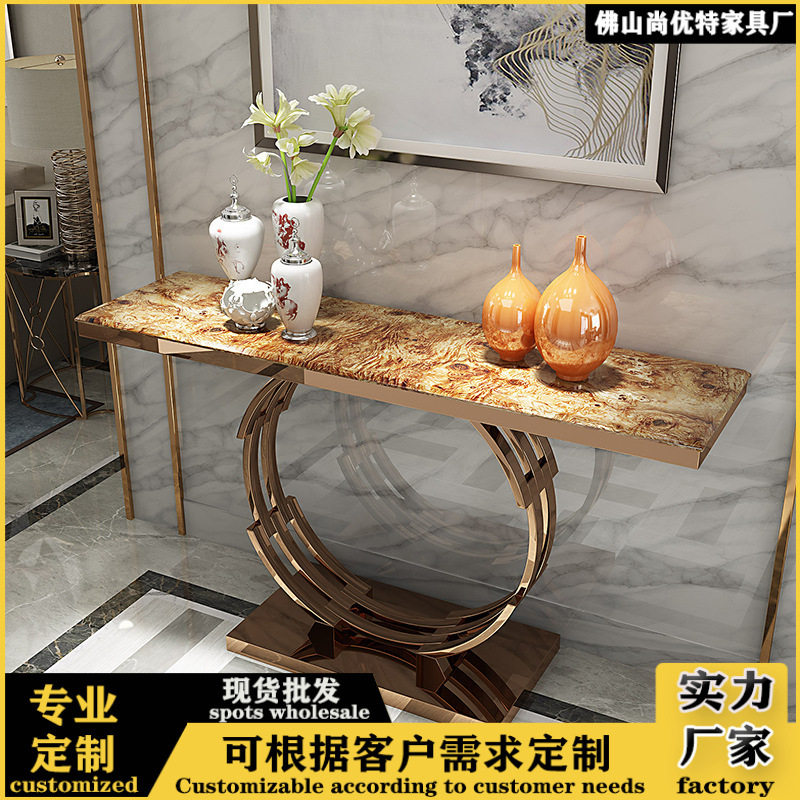 新中式轻奢不锈钢玄关桌子会所酒店端景台玄关柜走廊大理石玄关台