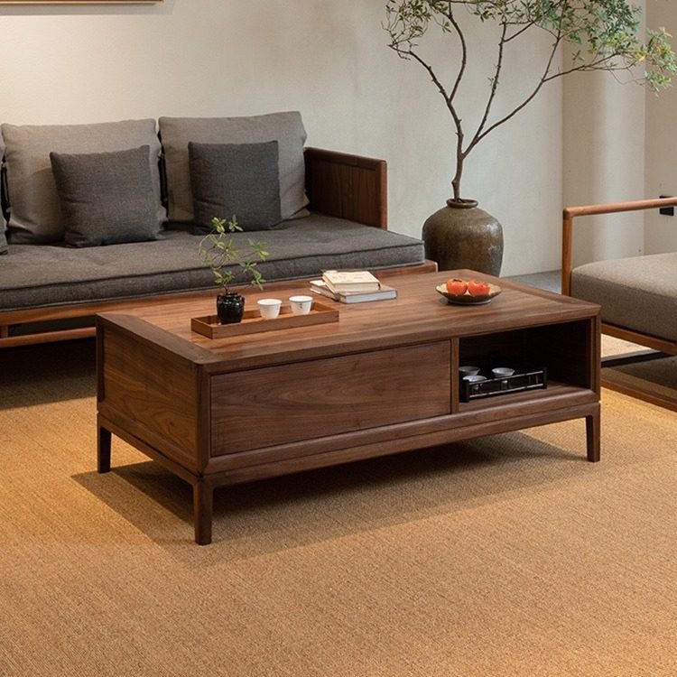 新中式全实木茶几黑胡桃实木方形茶桌茶台茶几桌组合客厅小户型