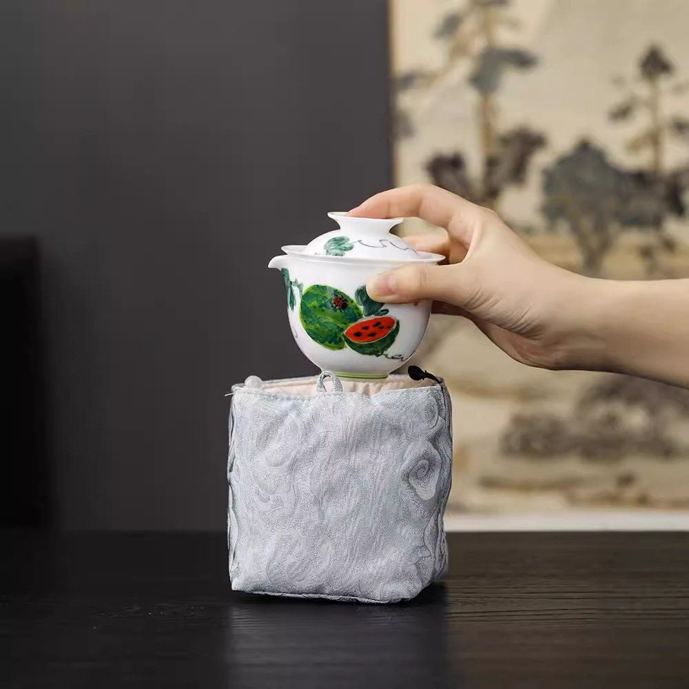 念云居手绘西瓜旅行茶具便捷式女士快客杯套装户外喝茶装备