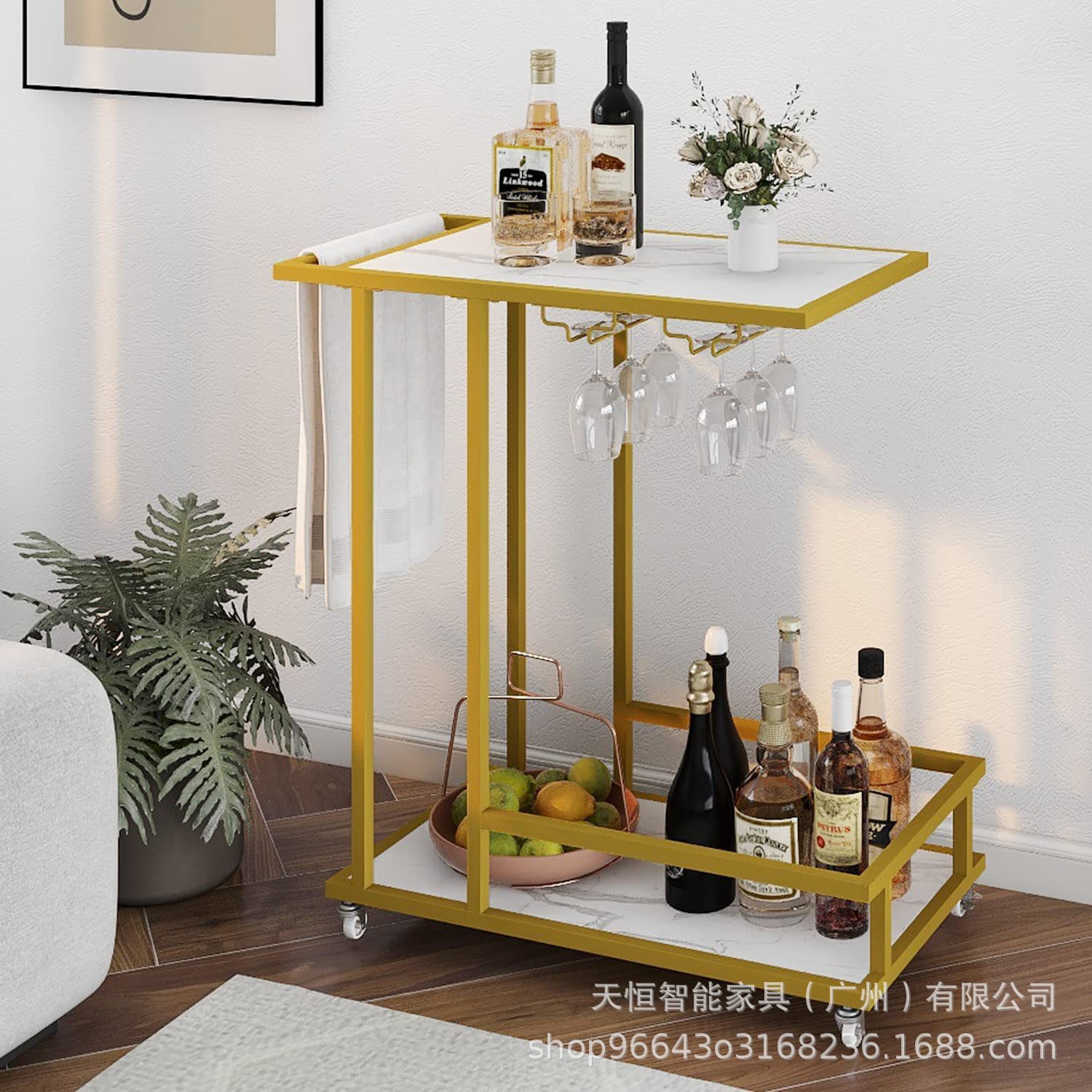 滚动酒吧服务推车2层金色和白色大理石纹木质手推车可定制