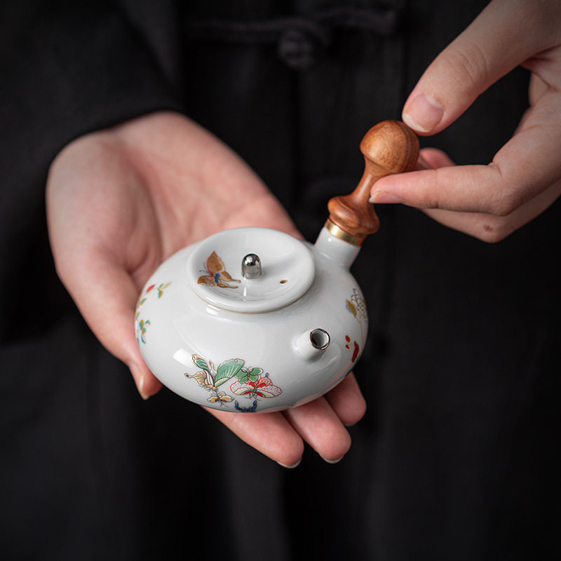 予蝶仿古陶瓷侧把壶日式胡桃木手柄手执小品壶泡茶家用小文壶