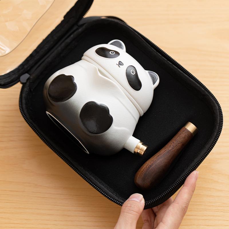 新款粗陶熊猫快客杯便携式包侧把壶陶瓷功夫旅行茶具一壶二杯套装