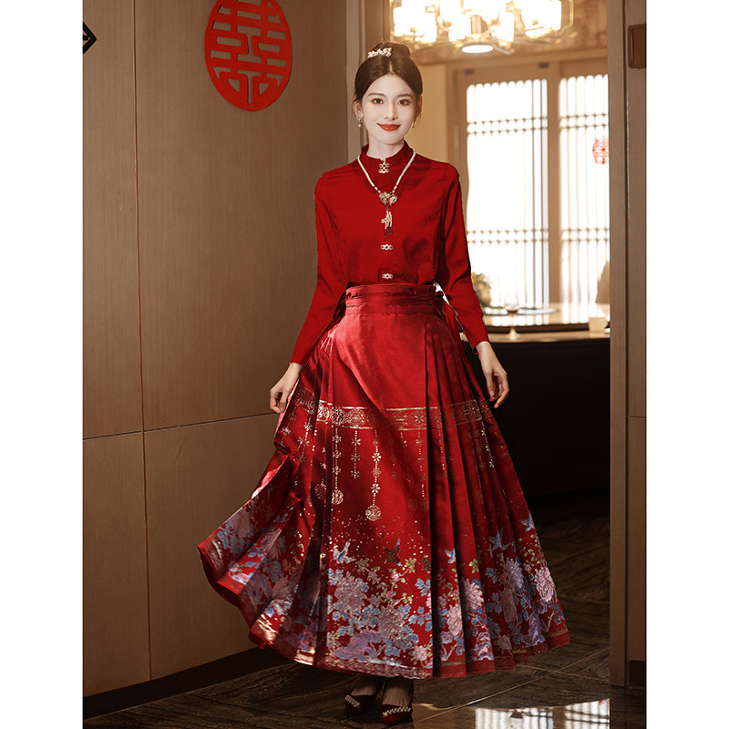 速发结面裙婚服敬酒服新娘订婚服嫁衣马婚礼服酒红色出阁宴新中式