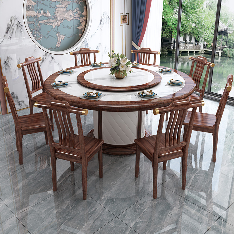 速发新中桌用金色实木餐桌椅组合家乌酒饭店圆形大理石岩板圆式带