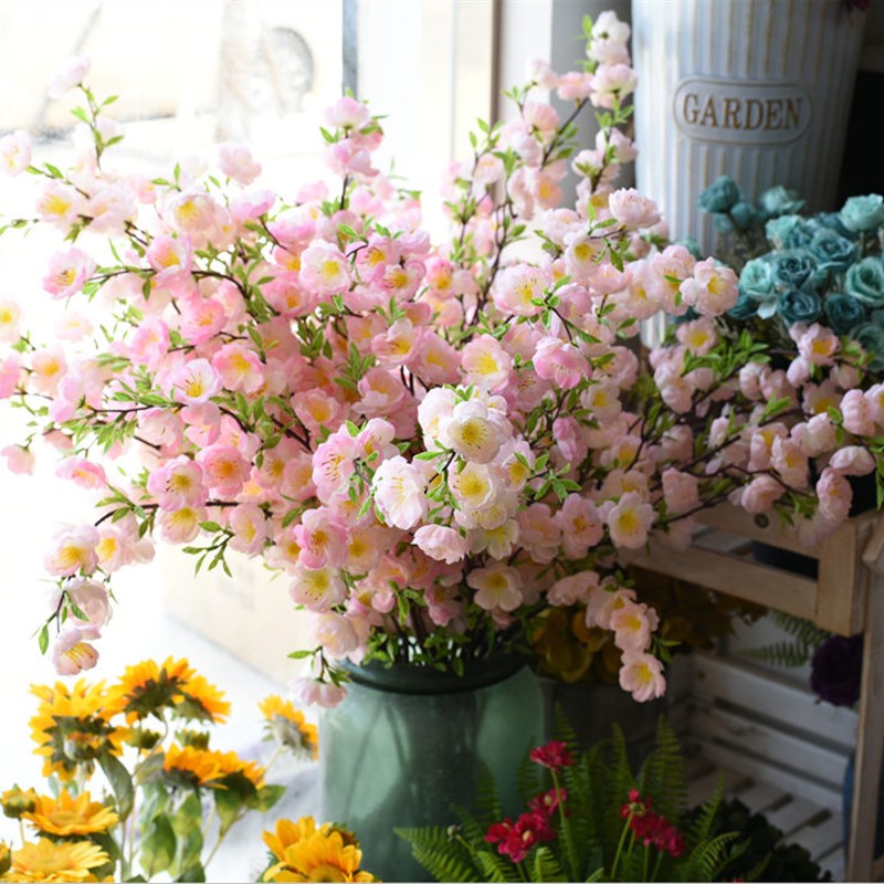 速发桃花地梅花枝向日樱落葵长枝绢花假花客厅装饰花艺塑料花单支