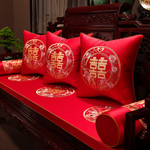 速发中式红木沙发椅子坐垫中国风红色喜家结婚垫子实木庆具罗汉床