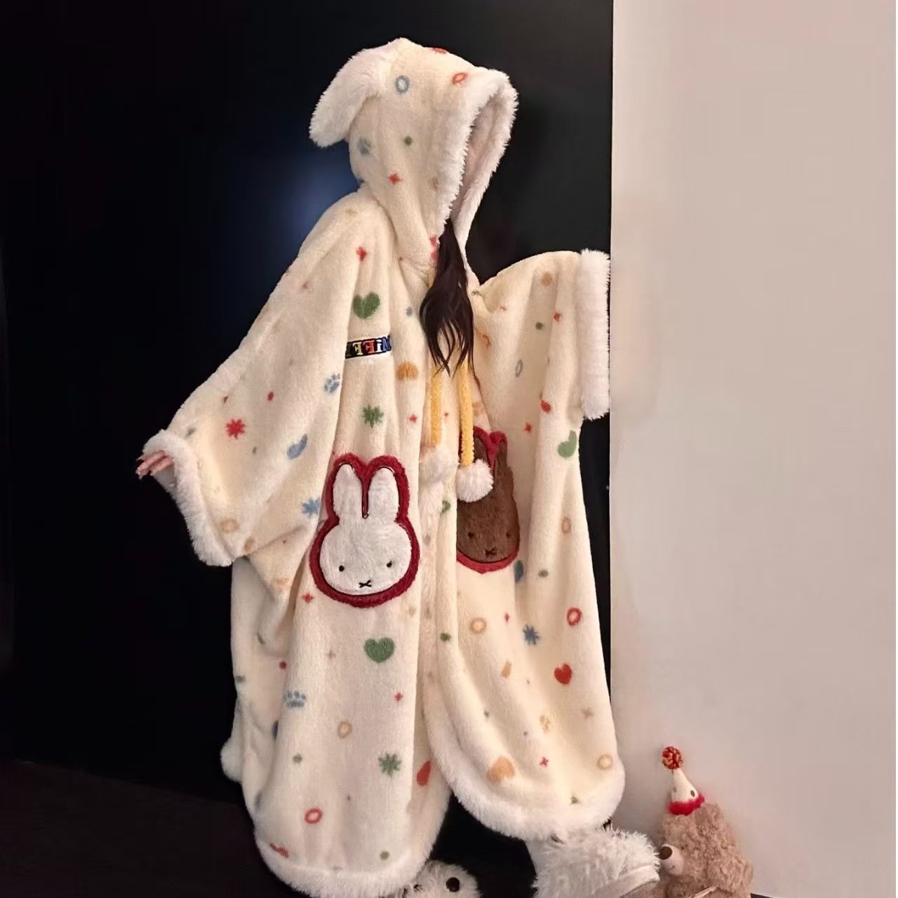 冬季加厚珊瑚绒兔斗篷睡袍套装