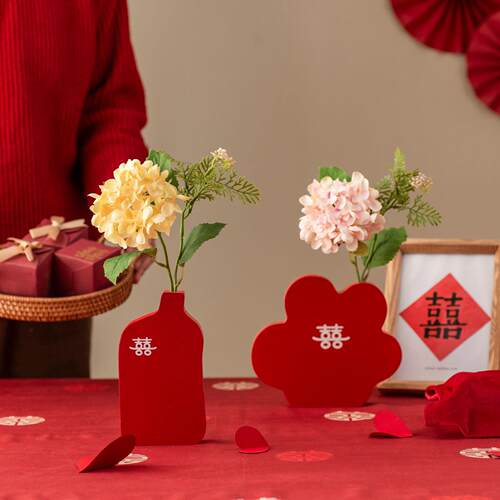 结婚喜字花摆件花敬茶背景梳妆台装饰婚庆卧室婚房布置桌面饰品