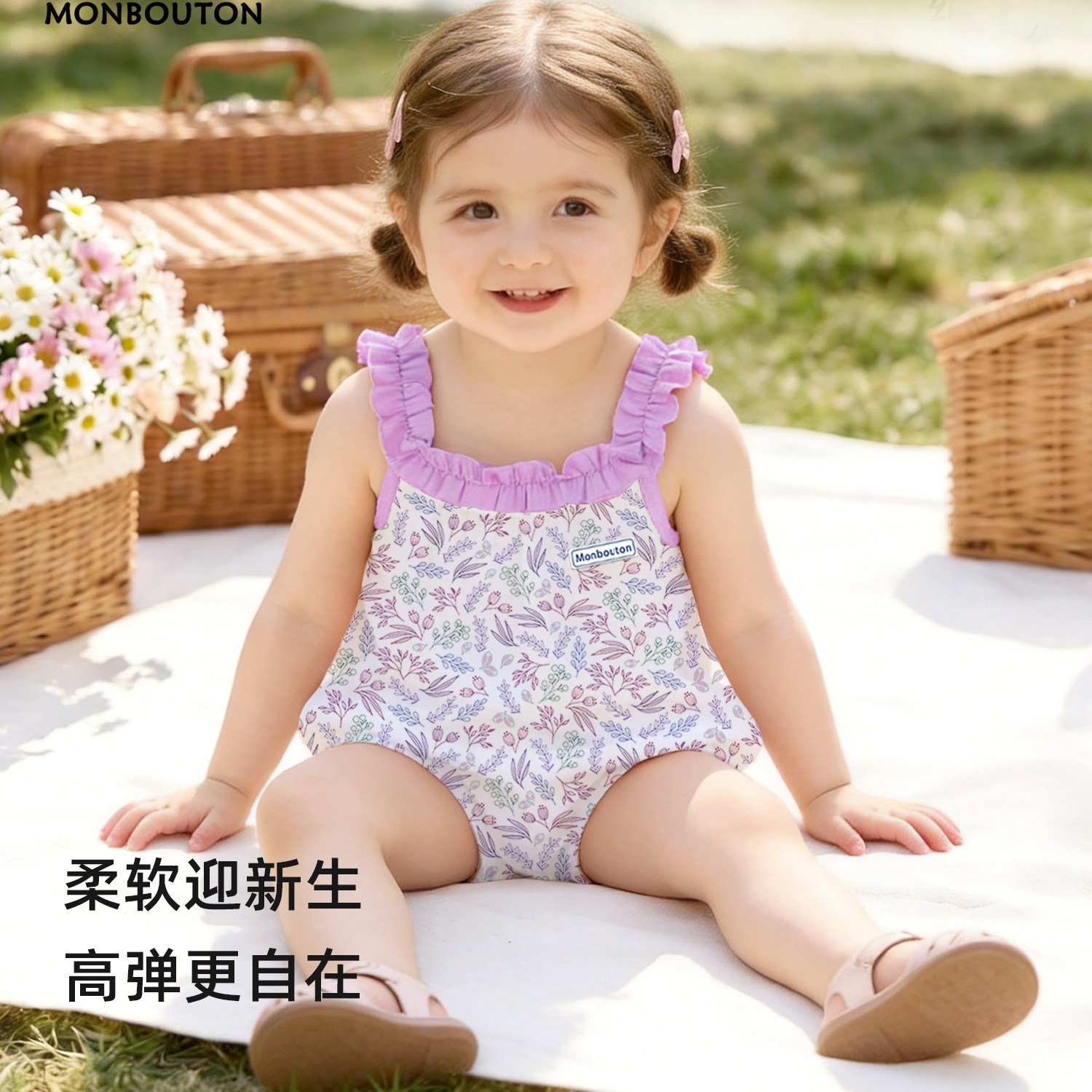 Mon Bouton婴儿包屁衣吊带爬服薄款满月百天夏天衣服女宝宝连体衣