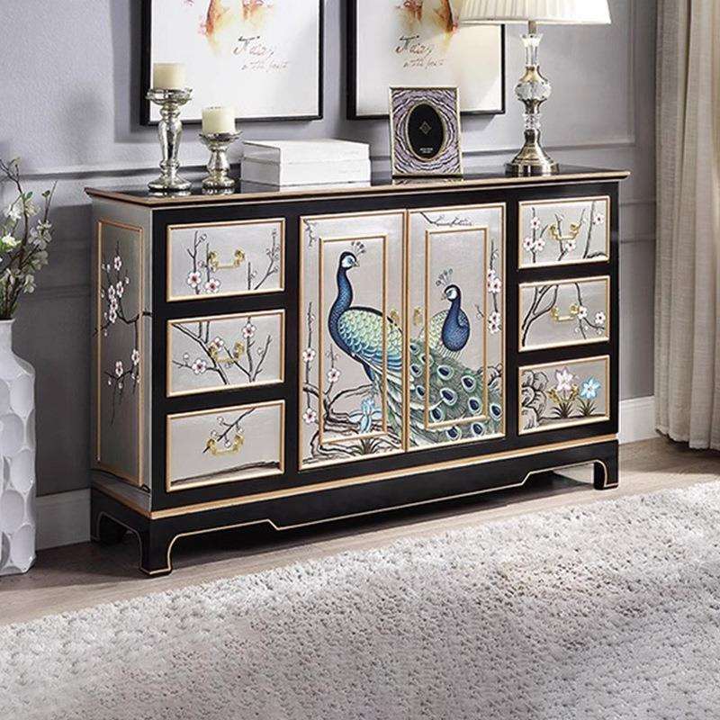 美式玄关柜入户进门厅柜新中式彩绘孔雀艺术装饰隔断柜储物餐边柜
