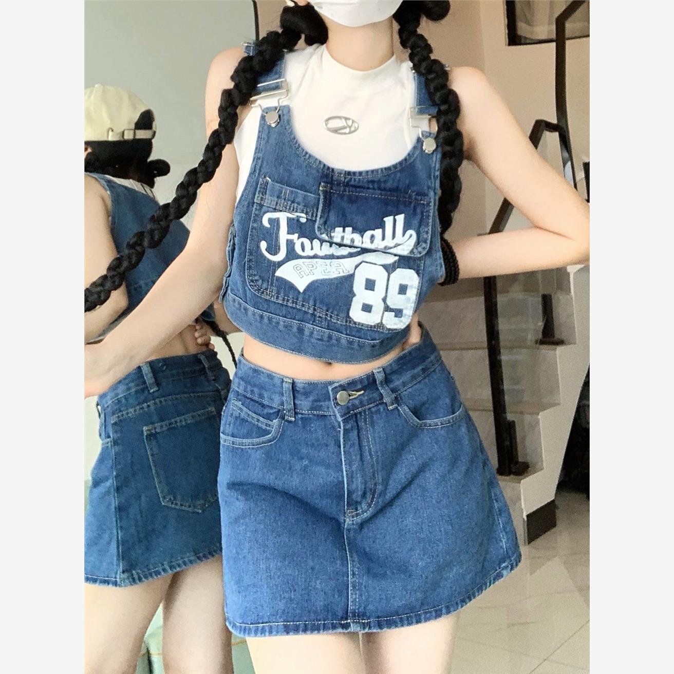 辣妹港风时尚套装女夏新款修身短款背心吊带高腰牛仔短裙裤两件套