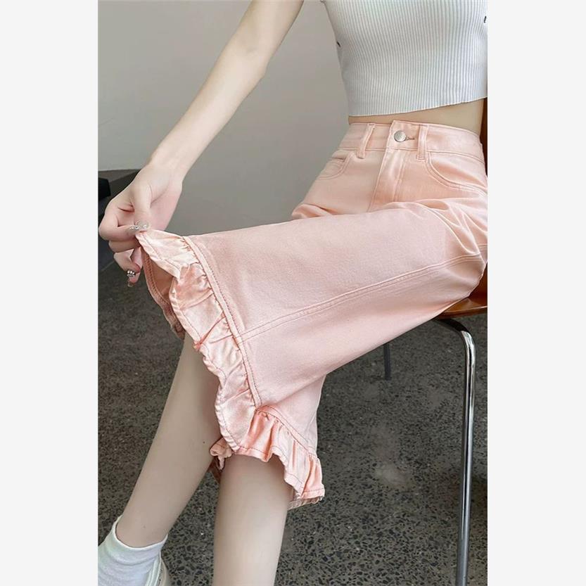 淡粉色褶皱花边七分牛仔裤女2025夏薄款小个子设计感宽松直筒裤