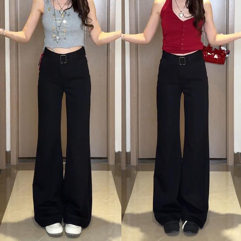 黑色微喇西装裤女2025新款高腰垂感小个子不贴腿拖地喇叭防牛仔裤