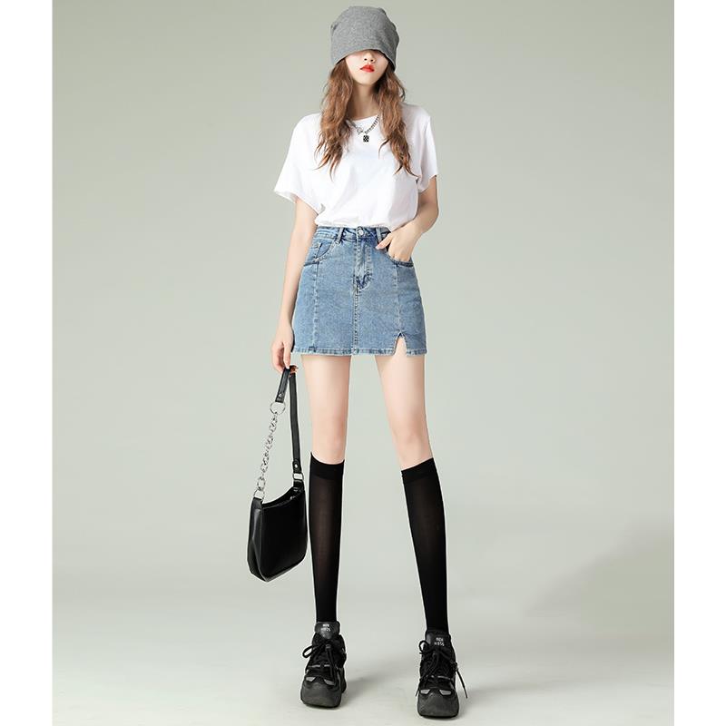 UYH高腰牛仔半身裤裙女2023夏季新款开叉弹力显瘦防走光A字包臀裙