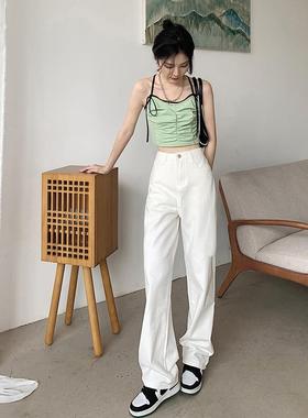 DTFT高腰阔腿白色牛仔裤女秋冬2021新款宽松垂感薄绒拖地直筒裤子