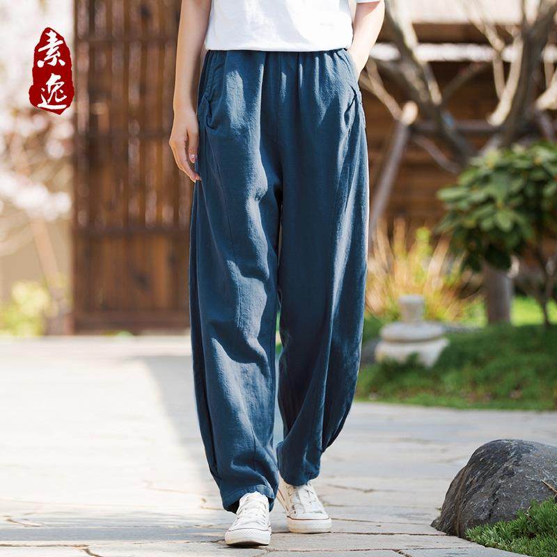 2025春秋棉麻复古宽松大码休闲长裤打坐太极裤亚麻灯笼裤女