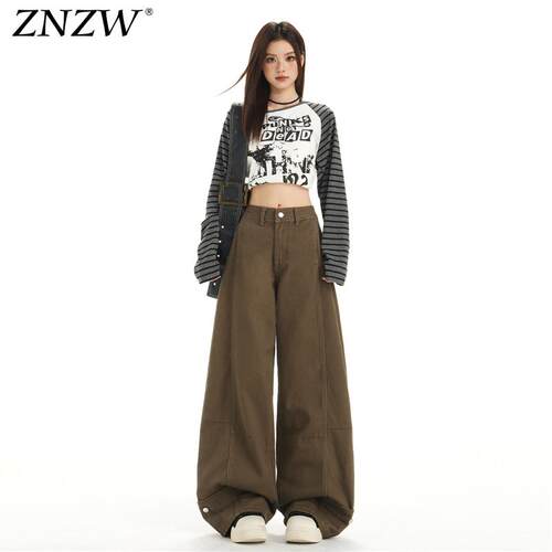 ZNZW美拉德咖色裤子女2026春季工装慵懒风复古棕色宽松阔腿牛仔裤