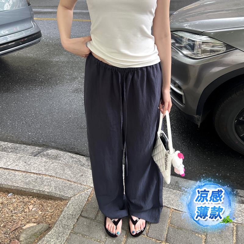 藏青色天丝亚麻裤女夏薄款冰丝棉麻凉凉阔腿裤美式垂感拖地休闲裤