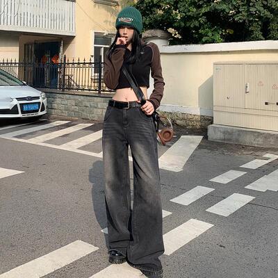 VMZM美式复古宽松阔腿牛仔裤女2025年春秋新款显瘦直筒垂感拖地裤