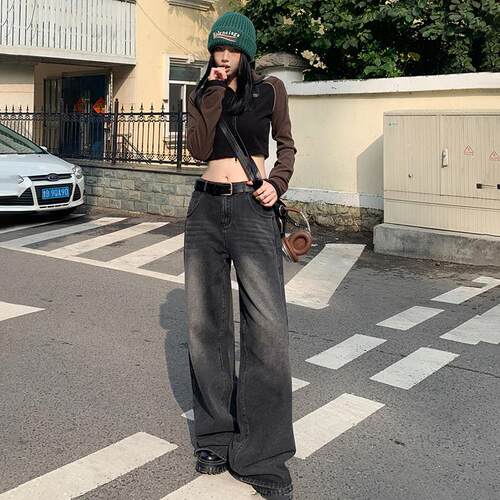 VMZM美式复古宽松阔腿牛仔裤女2025年春秋新款显瘦直筒垂感拖地裤
