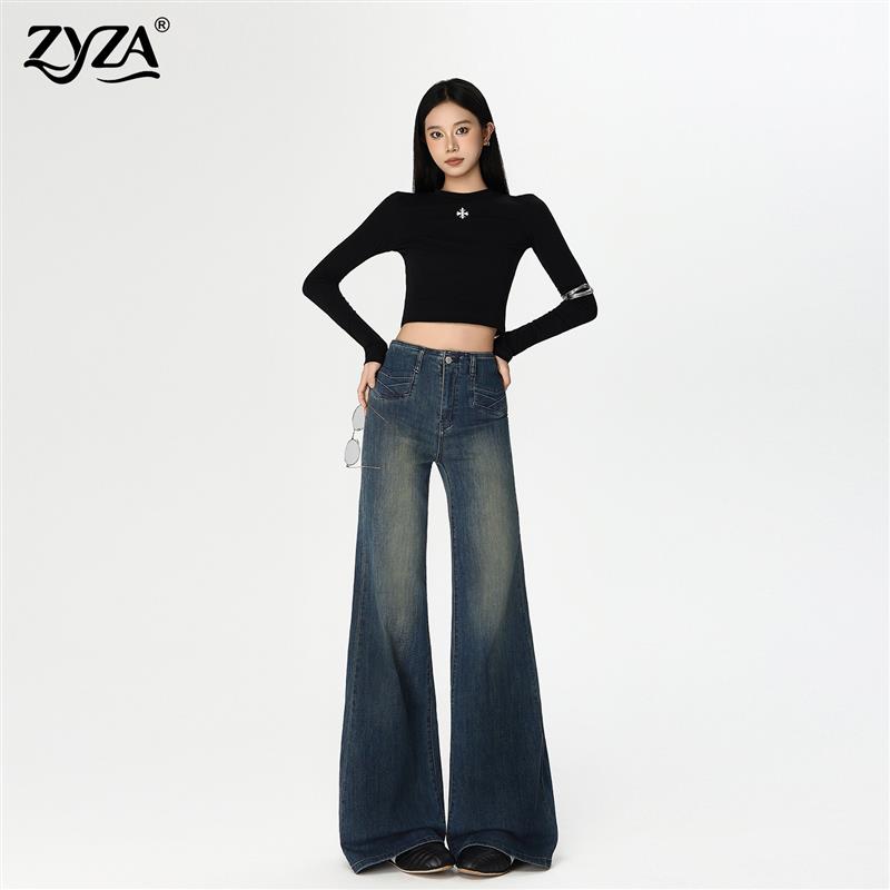 ZYZA复古微喇牛仔裤女裤春季高级弹力马蹄裤小个子不贴腿喇叭裤子