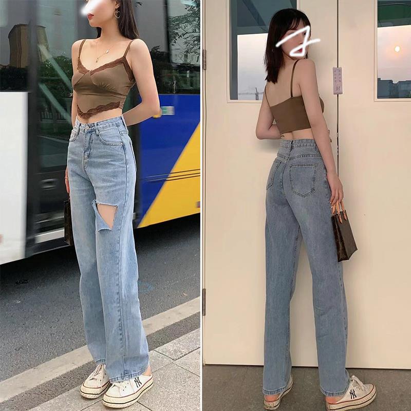 DTFT高腰阔腿牛仔裤女夏破洞薄款2021年新款宽松垂感拖地直筒裤子