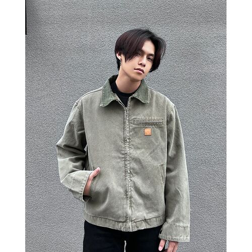 新品撞色拼接翻领牛仔外套男春y秋季美式ins复古潮牌宽松百搭做旧