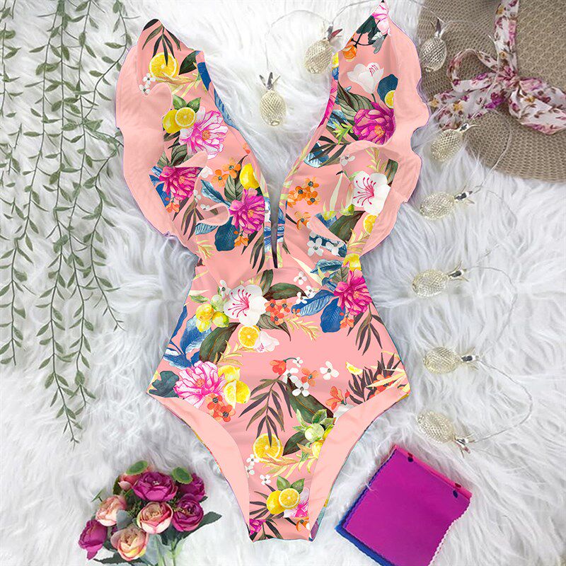 极速2022 New Print oSwimwear Deep V-neck Ruffle Swimsuit Pus