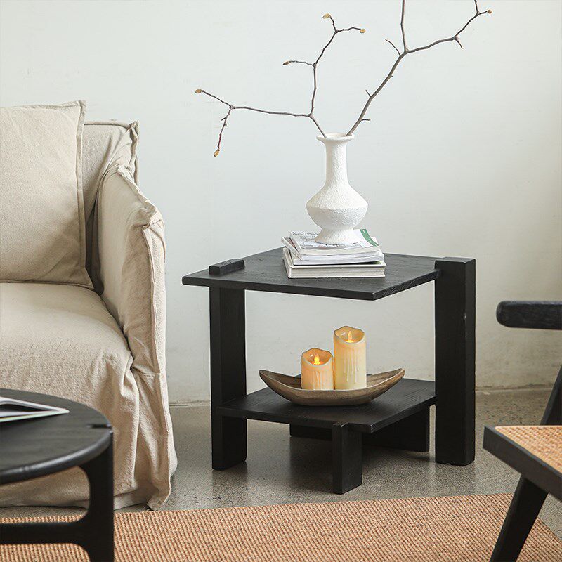 极速晚风黑色榆木双n层茶几复古侘寂风实木角几小户型客厅小边几