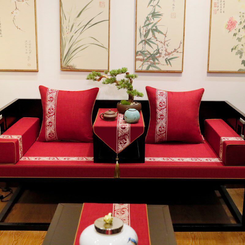 新品红木沙发坐垫新中式实木套罩防滑罗汉床垫五件T套带靠背定做