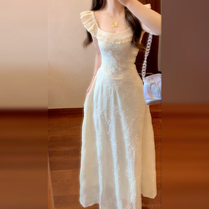 新品202d5新款海边度假白色小飞袖吊带连衣裙子女夏季小个子超好