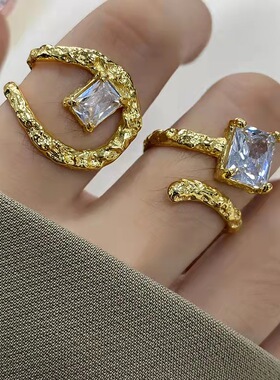 极速MM日韩女生开口戒指s可调节锆石不规则褶皱树枝夜光石金银色