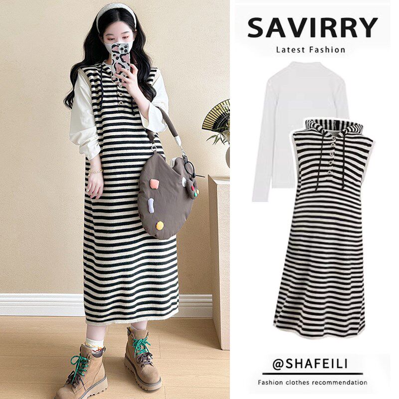 新品孕妇装春秋季时尚套装2025新款条纹针织背心连帽卫Z衣连衣裙
