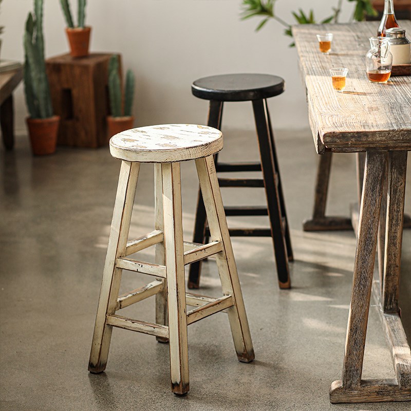 极速圆面高脚凳吧台o凳家用高脚椅老松木实木复古做旧可做花几边