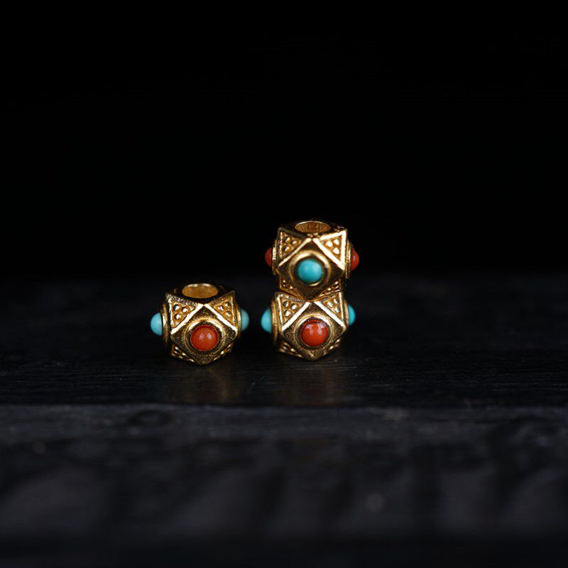 极速文玩穿手链银镀金镶嵌绿松石南红手串隔珠O散珠佛珠银配珠diy