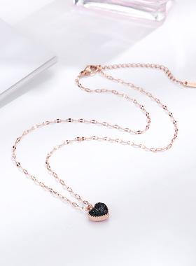 极速韩版钛钢玫瑰金潮流黑红双面爱心项链时N尚轻奢心形满钻锁骨