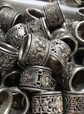 极速仿古白铜扳指苗银藏s银指环浮雕人物套环双层可转动戒指男图