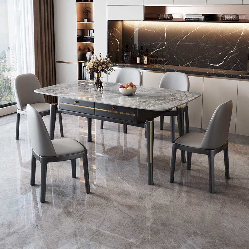 极速实木岩板餐桌椅组合现代简y约饭厅储物带抽屉小户型家用长方