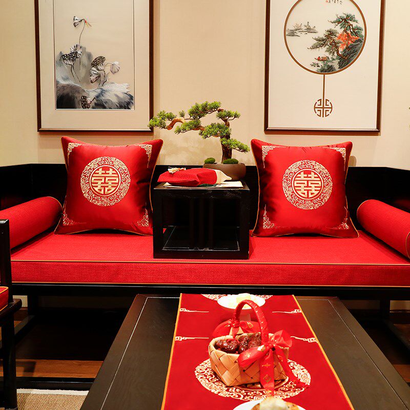 新品结婚喜c庆沙发垫新中式婚礼红色实木坐垫套罩四季通用婚房喜