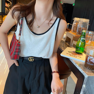 新品纯棉背心女款l夏宽松白色吊带外穿内搭U领薄款宽肩带撞色打底