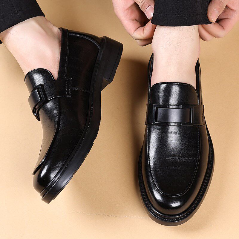 新品皮鞋男款真皮l商务休闲乐福鞋英伦风潮流内增高一脚蹬软皮正