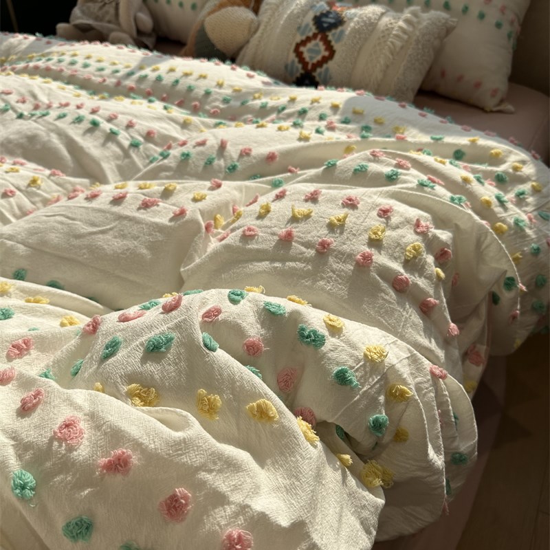 新品ins色织水洗棉彩色毛球球床上用品四件J套全棉纯棉少女心1.5m
