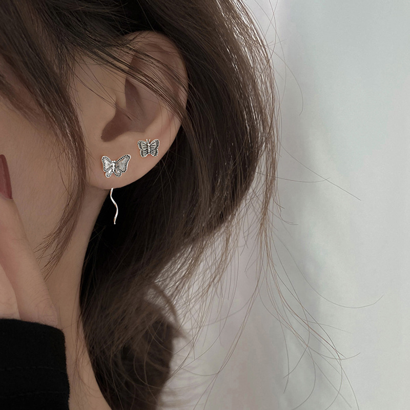 极速复古蝴蝶耳夹耳骨夹女酷帅个性H蝴蝶耳链短款蝴蝶耳钉泰银