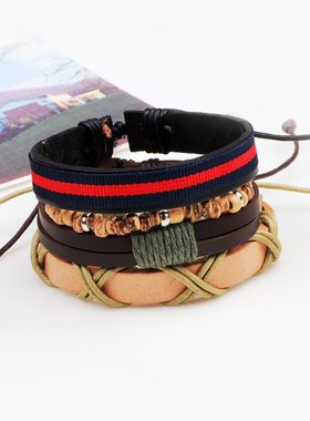 极速欧美时尚复古套装手錬 diy拉绳编织牛M皮手錬多根串珠真皮手