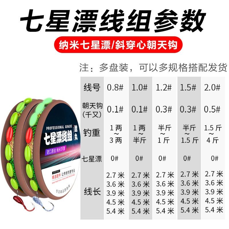极速七星漂线组套装绑好鱼钩鱼线全套4H5度穿孔朝天钩鲫鱼主线组